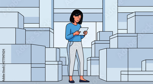 Woman using tablet in warehouse inventory management logistics boxes