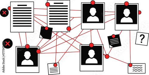 Detective board evidence investigation crime scene linked photos clues