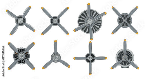 Collection of vintage airplane propellers and turboprop engines in various angles and blade counts, isolated on a white background.
