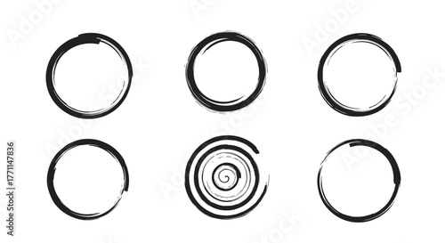 A collection of six hand-drawn brush stroke circles and a spiral, offering versatile design elements for modern and artistic projects.