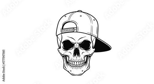 A menacing human skull wearing a baseball cap backward, depicted as a detailed black and white illustration on a white background.