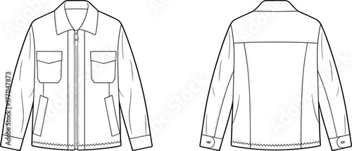 Jacket flat sketch vector, front and back view illustration, fashion design template, garment technical drawing, cad drawing flat vector