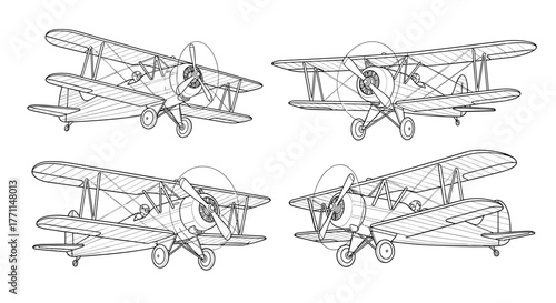 Detailed line art illustrations of four classic biplanes, each depicted from a distinct perspective, showcasing their vintage aircraft design.