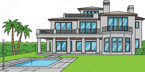 Luxurious modern mansion with a swimming pool and palm trees on a sunny day.