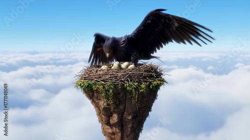 Majestic Eagle guarding its eggs on a cliff surrounded by mesmerizing clouds