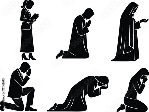 Vector illustration of praying people silhouettes in various poses