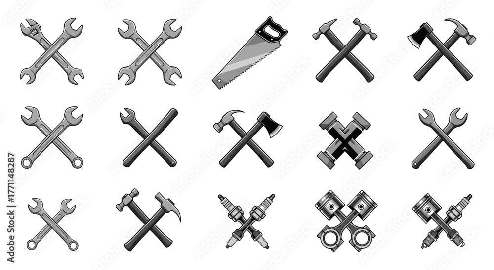 Obraz premium Monochrome set of crossed wrenches, hammers, axes, saw, and automotive parts, symbolizing mechanics, construction, and repair services.