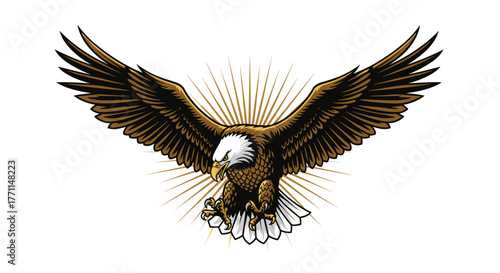 Powerful bald eagle flying with outstretched wings and sharp talons, framed by a golden sunburst, representing strength and independence.