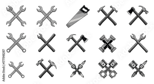 Monochrome set of crossed wrenches, hammers, axes, saw, and automotive parts, symbolizing mechanics, construction, and repair services.