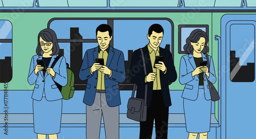 People commuting subway train using mobile phones illustration art