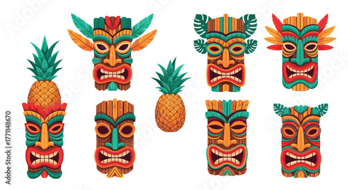 Colorful stylized Tiki masks with decorative elements and tropical pineapples, representing Hawaiian and Polynesian island culture and summer themes.