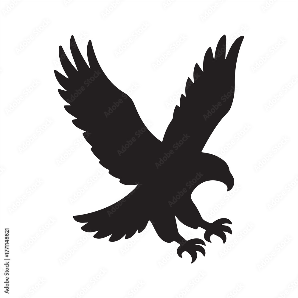 Obraz premium Silhouette eagle flying with open wings descending Vector Illustration