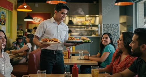 A smiling waiter serves plates of food to happy customers seated at a booth in a casual restaurant.