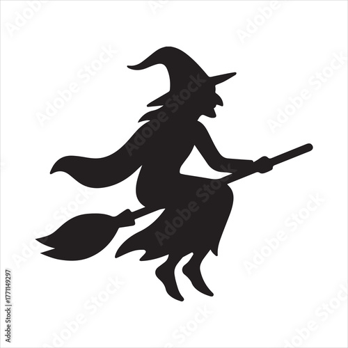 Silhouette Witch riding broomstick Halloween holiday vector illustration