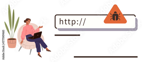 Woman sitting on chair with laptop next to plant beside URL bar showing malware warning sign. Ideal for cybersecurity, online safety, virus alerts, technology, data protection, web security, computer