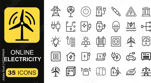 Electricity line icon set. Including Lightning, Power, Energy, Plug, Outlet, Voltage, Circuit, Generator, Bolt, Turbine. Line art vector illustration