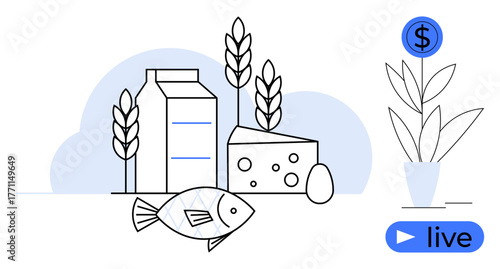 Milk carton, cheese, grains, fish, egg, and a dollar plant symbolizing nutrition, sustainability, and financial investment. Ideal for healthy food agriculture eco-living finance farming economy
