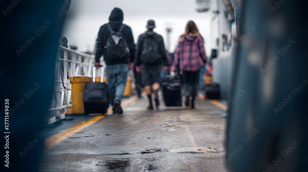 Obraz premium Three travelers with rolling suitcases and backpacks walk along a wet deck towards a ferry