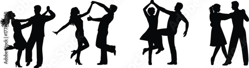 Flat vector silhouette illustration of dancing couples in elegant poses, partner choreography, movement, rhythm, celebration, connection, joy, social dance