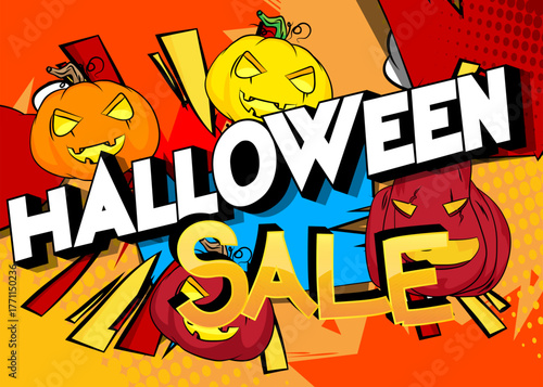 Modern creative pop art vibrant comic book style Halloween Sale text with pumpkin. Cartoon design.