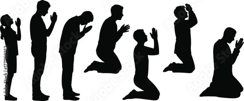 Flat vector silhouette illustration of people in progressive prayer postures, spiritual gesture, devotion, worship, faith, contemplation, emotion, unity, ritual