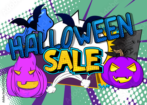 Modern creative pop art vibrant comic book style Halloween Sale text with pumpkin. Cartoon design.