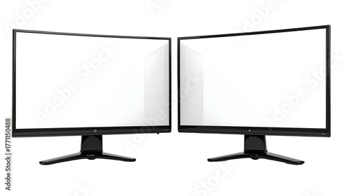 Two monitors stand side-by-side with white screens