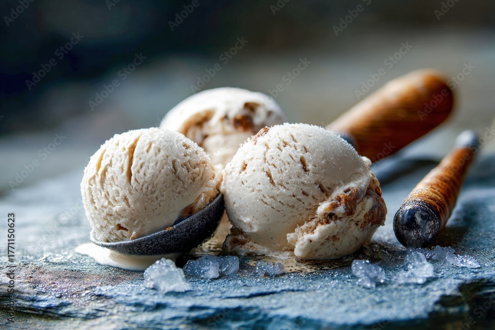 Fototapeta premium Ice cream balls in rustic setting with moody light