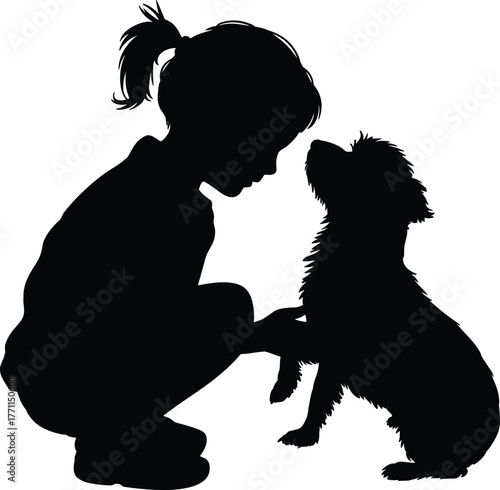 Flat vector silhouette of child and dog shaking hands, pet interaction moment, emotional bond, friendship scene, animal training illustration design