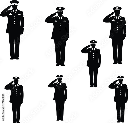 Military salute silhouette vector, uniformed personnel illustration, formal gesture design, patriotic armed forces art, cad drawing flat vector illustration