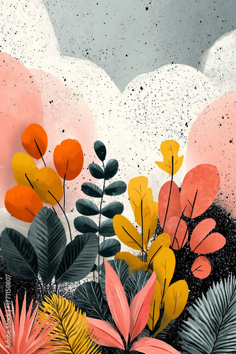 Colorful painting of a flower garden with a cloudy sky in the background. The flowers are bright and lively, and the sky is overcast, creating a moody atmosphere