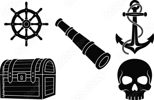 Pirate adventure vector set treasure chest skull anchor spyglass wheel