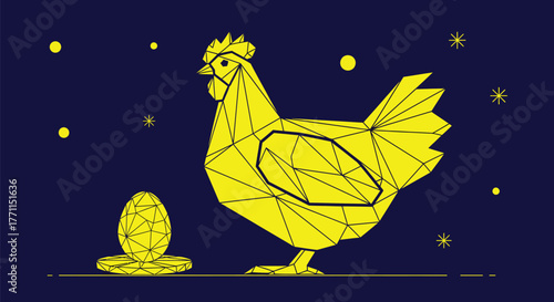 Geometric chicken and egg vector illustration on dark background