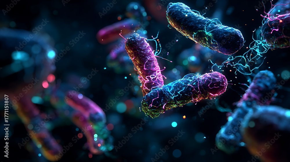 Fototapeta premium Close-up of Glowing Bacteria Cells with Bio-luminescent Hairs Microbiology Concept