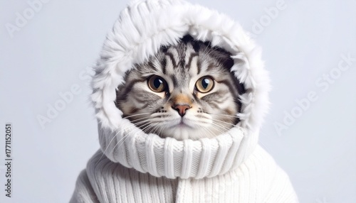 cat wearing thick gray knitted sweater and hooded winter coat with fur-lined hood, facing forward with expressive eyes, plain white background, humorous and endearing visual, anthropomorphic styling, 