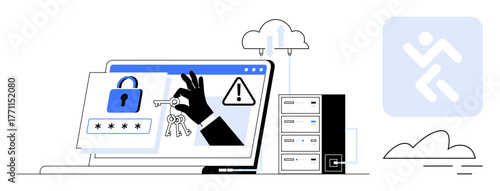 Laptop showing unlocked padlock, keys, and alert symbol. Server racks and cloud elements in background. Ideal for cybersecurity, data privacy, hacking, cybercrime, information security online