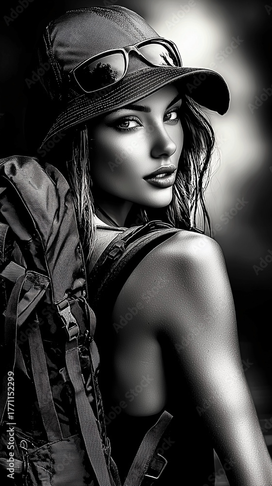 Obraz premium Woman with a backpack and a hat on. She is wearing glasses and has a smile on her face