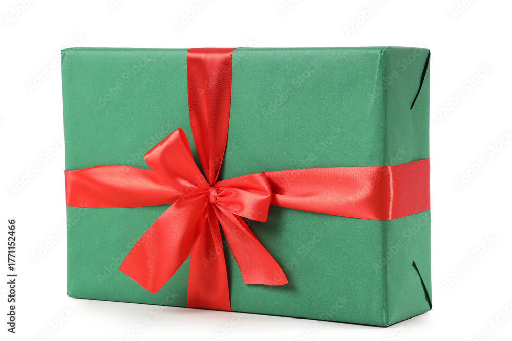 Fototapeta premium Green gift box with red ribbon bow isolated on white background for holiday celebration and special occasion, this festive package represents holiday celebrations, special occasions