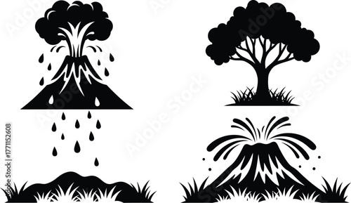Black and white volcano eruption and tree illustration vector art