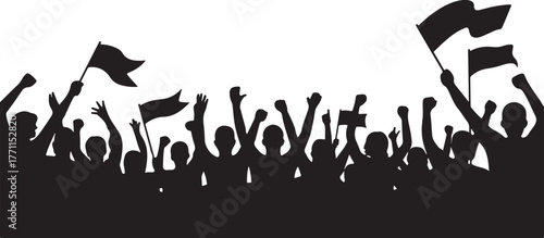 Silhouette crowd of people with raised arms and flags arms raised
