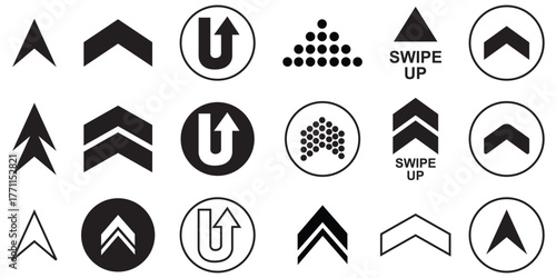 Swipe icon set. Swipe up arrow icon. Scroll pictogram. Web icons. Set swipe up arrows icons. Different black arrows sign upwards. Scroll or swipe up. Graphic vector elements for web infographic media