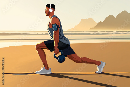 Man performs a kettlebell lunge exercise on a sandy beach at sunrise