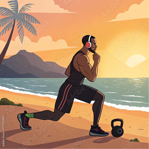 Man exercising on beach at sunset with kettlebell and headphones
