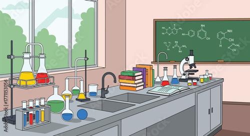 Science lab classroom with equipment and blackboard vector design