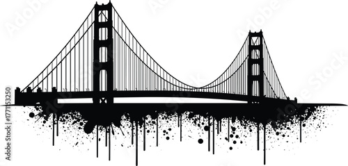 Golden Gate Bridge vector, iconic landmark silhouette, abstract architecture illustration, splatter paint design, cad drawing flat vector illustration