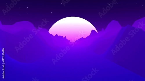 Retrowave skyline scene with neon lights and low poly territory. 80s retro foundation circle liveliness. Retro Futurism Background. 3D Render. Retro wave skyline scene, neon lights. Consistent circle.