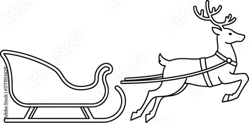 Line art illustration of Santa's sleigh with reindeer