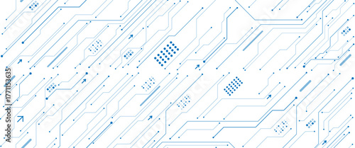 Abstract AI circuit board background. Technology connected white lines with electronics elements on tech bg.