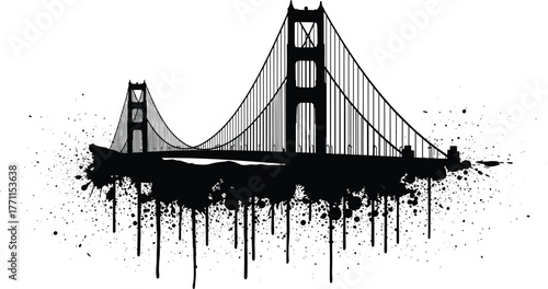 Golden Gate Bridge silhouette vector, abstract landmark illustration, splatter paint design, iconic architecture art, cad drawing flat vector illustration