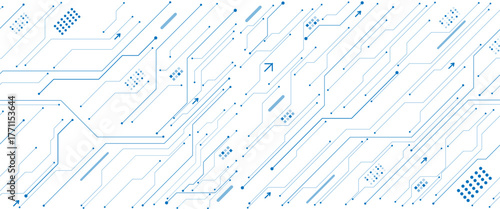 Abstract AI circuit board background. Technology connected white lines with electronics elements on tech bg.